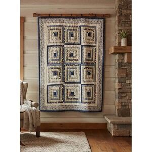 Handmade Log Cabin Quilt Wall Hanging 50x60 Neutral Blue Cabincore Throw
